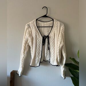 White Black Poetcore Coquette Academia Tie Front Cable Knit Cardigan size S